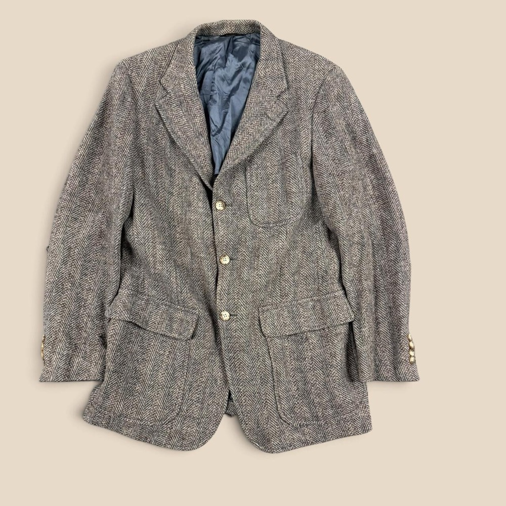 Vintage Harris Tweed Herringbone Wool Sport Coat Blazer Grey 40 Some Wear